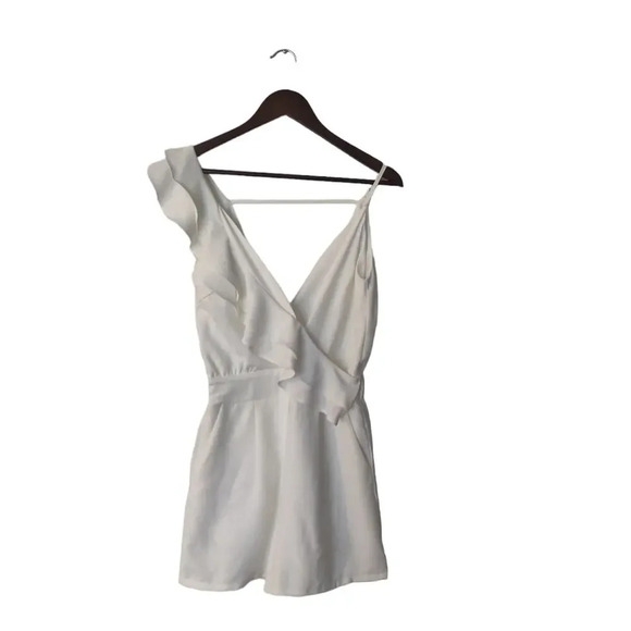 TCEC White Romper Ruffle One Shoulder Cap Short Sleeve V-Neck Size S - Picture 3 of 8